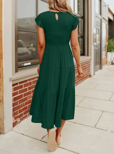 Vista 3 de MEROKEETY - Vestido midi fruncido de manga corta para mujer, vestido de verano casual, acampanado, con cintura elástica y escalonado