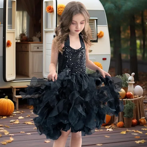 Vista 8 de Vestido tutú para niñas con capas de organza y sauces, traje de cumpleaños, vestido de fiesta de tul con lentejuelas para Pascua, cumpleaños