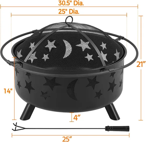 Vista 4 de Yaheetech Hoguera de 30 pulgadas para chimenea exterior de leña al aire libre con pantalla de chispas, póquer para hoguera, patio, jardín, picnic