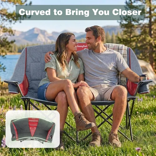 Vista 4 de SUNNYFEEL Silla de Camping Doblada Doble, Silla Loveseat Sobredimensionada, Silla de Césped Portátil/Plegable Resistente con Almacenamiento