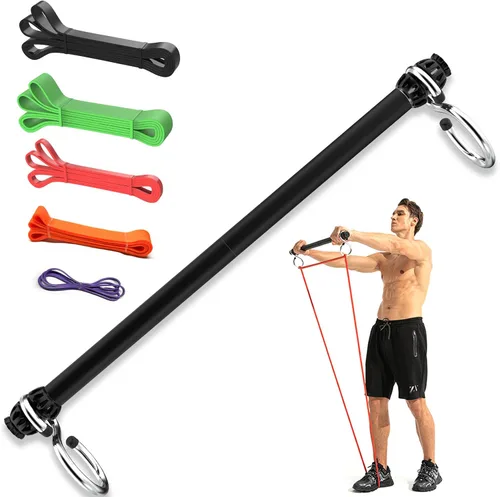 Vista 8 de Barra de banda de resistencia, barra de pilates portátil con bandas de resistencia, entrenamiento de gimnasio en casa, sentadillas, yoga, pilates