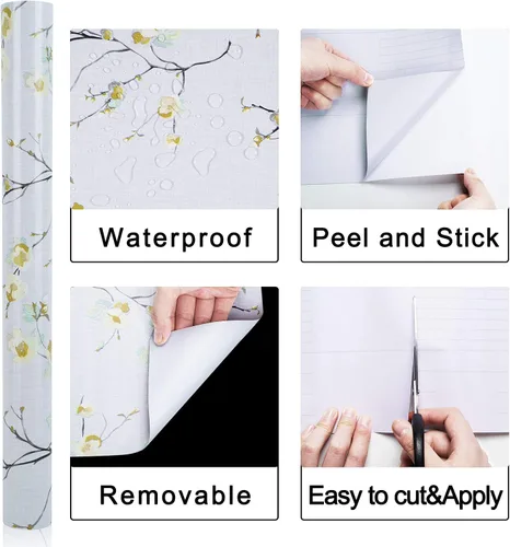 Vista 6 de WENMER Papel tapiz floral beige para despegar y pegar, 17.71 x 197 pulgadas, moderno papel tapiz floral extraíble para dormitorio, gabinetes