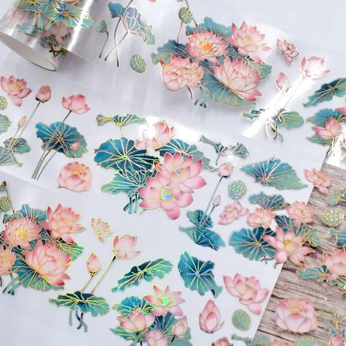 Vista 6 de Cinta washi de rosa para collage original de flores, creatividad, hecha a mano, para libro de diario, material PET con efecto láser (90387)