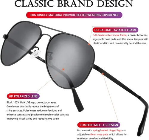 Vista 5 de AIEYEZO Gafas de sol polarizadas clásicas de aviador para hombres y mujeres, bisagra de resorte, marco de metal, protección UV400