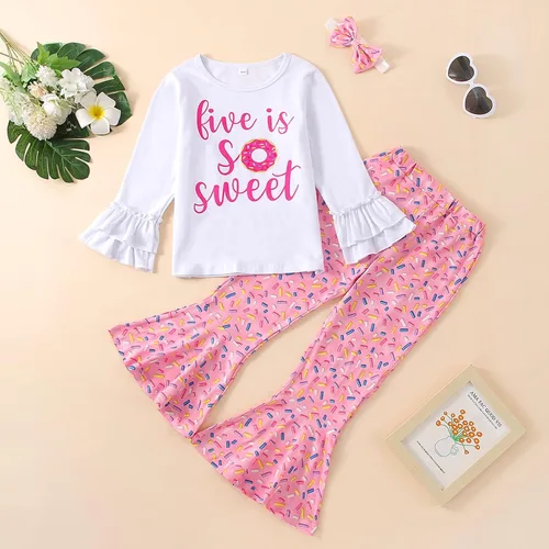Vista 43 de Conjunto de ropa de cumpleaños para bebé niña pequeña, camiseta de manga larga, pantalones de campana, diadema