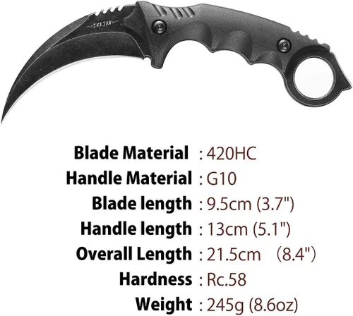 Vista 2 de JXE JXO Cuchillo táctico EDC con funda, cuchillo de acero duradero 420HC Karambit de hoja fija para exteriores, cuchillo de supervivencia con mango