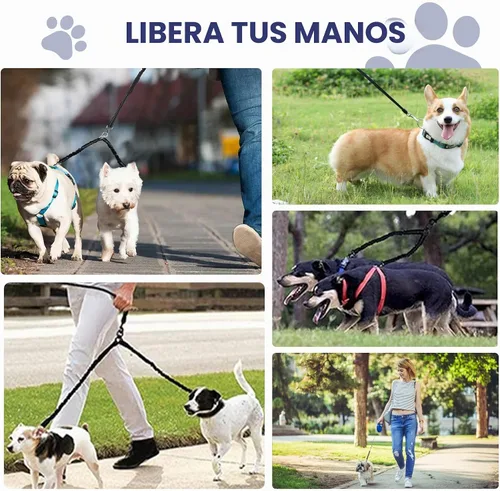 Vista 7 de Correa retráctil doble para perros medianos (hasta 66 libras cada uno), correa de doble cabeza para mascotas con bolsas para excrementos y luz LED