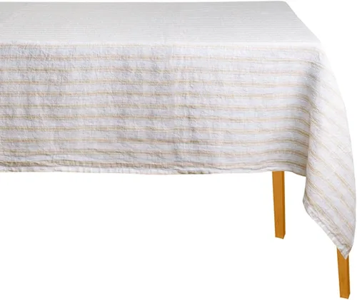 Vista 3 de Mantel color beige, mantel a rayas beige 100% lino para mesas rectangulares (98 x 63), mantel lavable estilo granja para comedor, cocina, fiestas