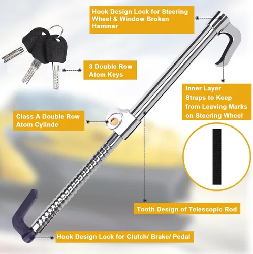 Vista 5 de Tevlaphee Cerradura Universal de Freno para Volante Antirrobo Retráctil de Doble Gancho Cerradura de Pedal de Embrague para Coche Camión SUV
