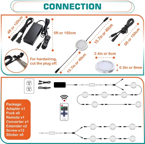 Vista 2 de Kit de luz debajo del armario de cocina, iluminación trasera contra salpicaduras, 110 V enchufado y cableado, control remoto RF regulable, blanco