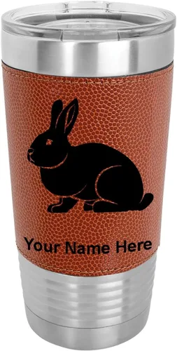Vista 9 de LaserGram Personalized 20oz Tumbler, Rabbit (Baseball Style) Engraved Gift, Faux Leather Wrap, Vacuum Insulated Stainless Steel, Laser Engraved
