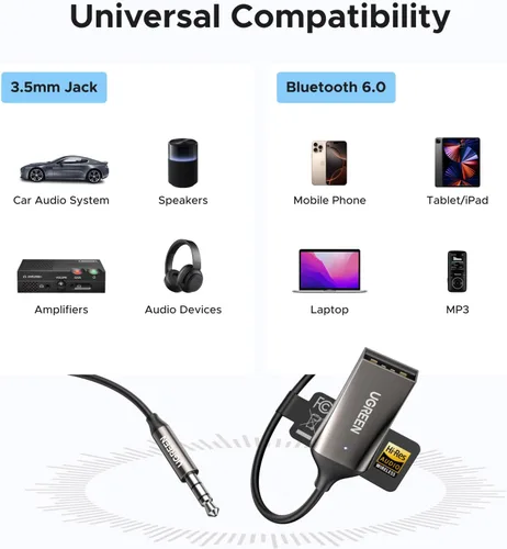 Vista 5 de UGREEN - Receptor de automóvil Bluetooth 6.0 AUX con LDAC, adaptador de audio Bluetooth de 0.1 in, micrófono integrado, enchufar y usar, llamadas