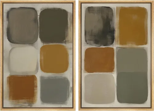 Vista 95 de Ashbrook - Set de arte de pared en lienzo enmarcado, tonos orgánicos de la tierra en beige y marrón con ilustraciones de trazos circulares, arte