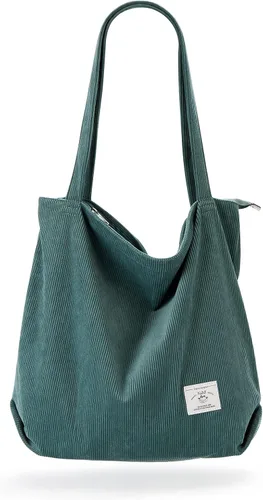 Vista 29 de KALIDI Bolsa Tote de Pana para Mujer con Cremallera Bolsa de Mano Casual Tote Bolsa de Hombro de Gran Capacidad con Bolsillos 1 negro y 1 blanco.