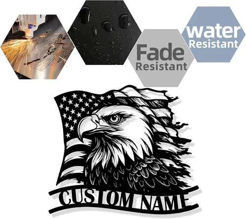 Vista 6 de Letrero de metal personalizado de águila y bandera estadounidense, arte de pared patriótico con nombre personalizado, decoración de hierro