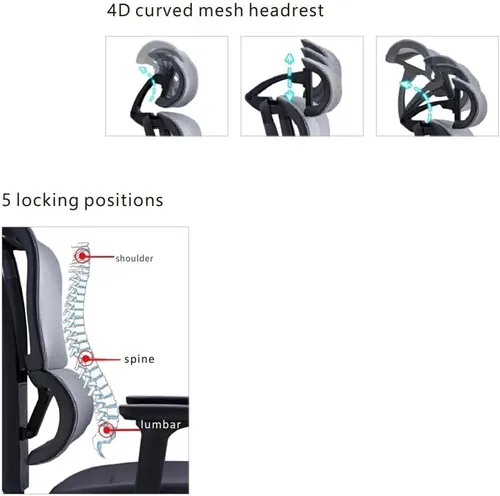 Vista 7 de SUNLINE Elevate - Silla de oficina - Sistema de soporte lumbar ergonómico y ajustable con base de aluminio - Reposacabezas de malla curva 4D