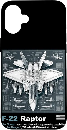 Vista 23 de F22 Raptor Fighter Jet Blueprint - Funda para iPhone 16, diseño técnico y especificaciones