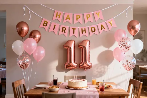Vista 3 de Globos de fiesta de cumpleaños número 11 para niñas, pancarta de cumpleaños número 11, globos de papel de aluminio de color oro rosa con el número