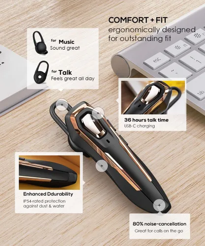 Vista 4 de Auriculares Bluetooth manos libres V5.4, auricular Bluetooth con cancelación de ruido, tiempo de conversación de 36 horas, auriculares de un solo
