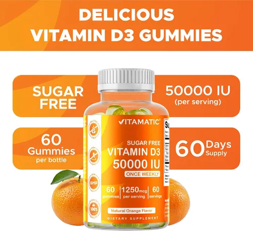 Vista 4 de Vitamatic Suplemento semanal de vitamina D3 sin azúcar de 50,000 UI - 60 gomitas a base de pectina Vitamina D de alta potencia para huesos, dientes