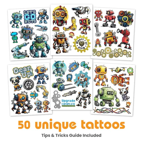 Vista 2 de 50 tatuajes temporales de Blunder Bots: tinta metálica, segura para la piel, ideal para fiestas de cumpleaños, regalos para niños y niñas de 4 a 12