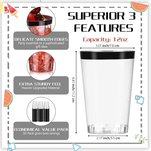 Vista 2 de Norme 50 vasos de plástico de 12 onzas desechables para fiesta con borde, vasos transparentes de plástico para vino, café, cumpleaños, boda, Negro