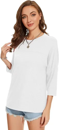 Vista 80 de ZENNILO Camisetas casuales de manga 3/4 para mujer, holgadas, cuello redondo, lindas camisetas básicas