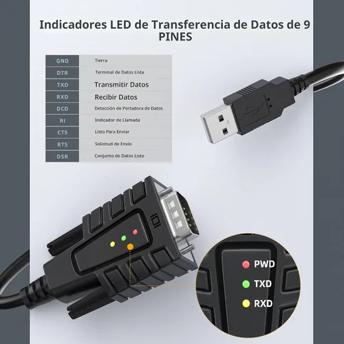 Vista 5 de DriverGenius Cable adaptador USB a serie RS232 DB9 con 3 ledes - Prolific PL2303 - para Windows 11 y macOS 14 Sonoma (USB232A-B, 3 pies/3.3 ft)