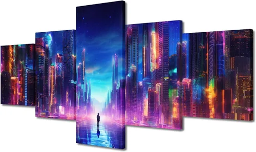 Vista 16 de Póster de 5 paneles en lienzo para decoración de pared, diseño de centro urbano Cyberpunk, impresión moderna, decoración de pared para el hogar