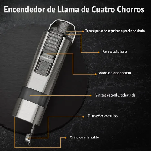 Vista 3 de Encendedor de llama de cuatro chorros con punzón y soporte, resistente al viento, encendedor de butano recargable multifuncional, caja de regalo