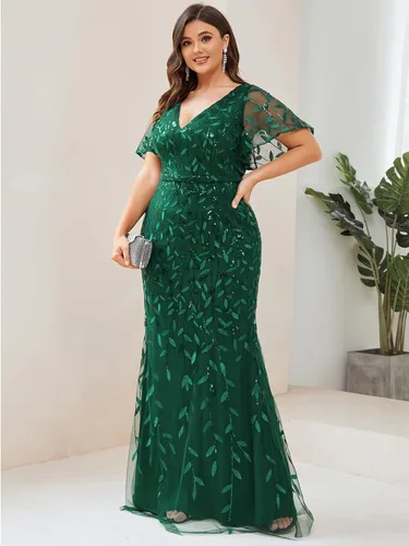 Vista 3 de Ever-Pretty Vestidos formales bordados con curvas con cuello en V para mujer, talla grande, con lentejuelas, vestidos para madre de la novia