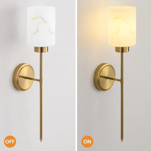 Vista 2 de Juego de 2 apliques de pared dorados con pantalla de vidrio de mármol, accesorios modernos de tocador de baño para dormitorio, pasillo, entrada