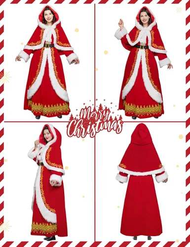 Vista 3 de Opemon Disfraz de Sra. Santa Claus para mujer, 3 piezas, vestido de Papá Noel para adultos, traje de Navidad, cosplay, fiesta de Navidad con capa