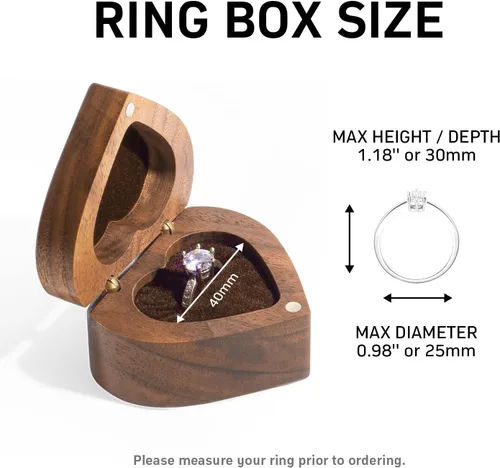 Vista 6 de Caja de anillo de compromiso delgada de madera en forma de corazón para propuesta, ceremonia de boda, regalo de cumpleaños