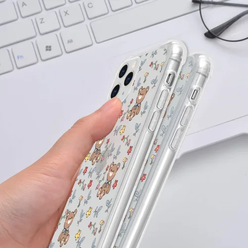 Vista 6 de Funda para teléfono compatible con iPhone 11, diseño de oso y flores, diseño de dibujos animados transparente para niñas y mujeres, bonito oso