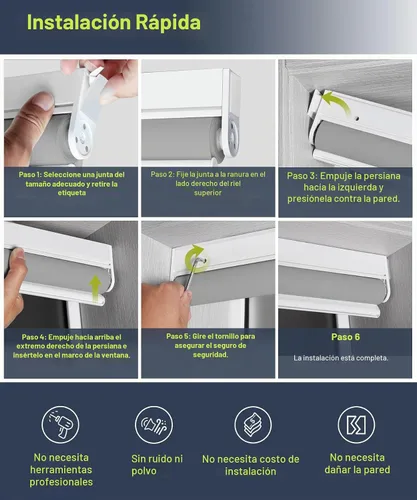 Vista 6 de BlinDecor Persiana enrollable sin taladro, 30 x 72 pulgadas, persianas enrollables opacas para ventanas, enrollables sin cordón para el hogar