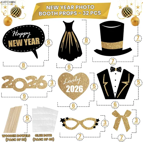 Vista 3 de KatchOn, Accesorios para cabina de fotos de Año Nuevo con purpurina 2026 – Paquete de 32 Accesorios de cabina de fotos de Nochevieja