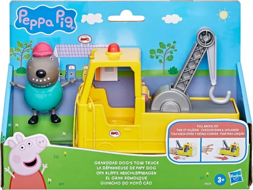 Vista 2 de Peppa Pig Juego de vehículos de construcción y figuras de camión de remolque del abuelo, juguetes preescolares para niños y niñas de 3 años