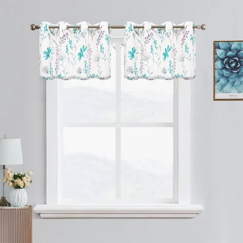 Vista 14 de July Joy Cenefa de Cocina Estampada con Textura de Lino de 18 Pulgadas Diseño Floral de Hojas Estilo Casa de Campo Juego de Paneles de Cortina