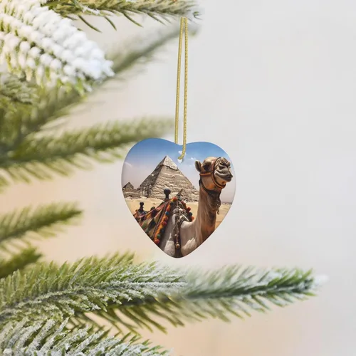 Vista 8 de Pirámide Camel Print Adornos de Navidad Corazón Cerámica Árbol de Navidad Adornos Colgantes de Porcelana Colgante para Decoración de Vacaciones