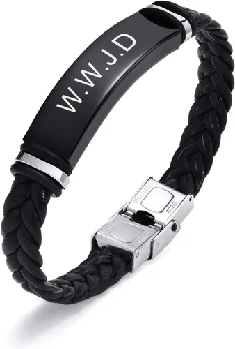 Vista 24 de Pulsera de cuero para hombre, regalo de sobriedad para hombre: cita inspiradora/versículo bíblico grabado, pulsera trenzada negra para hombre