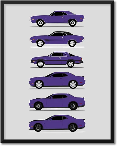 Vista 20 de Custom Car Posters Póster hecho a mano compatible con Dodge Challenger Generations e impresión de Challenger SRT, multicolor, impresión metálica