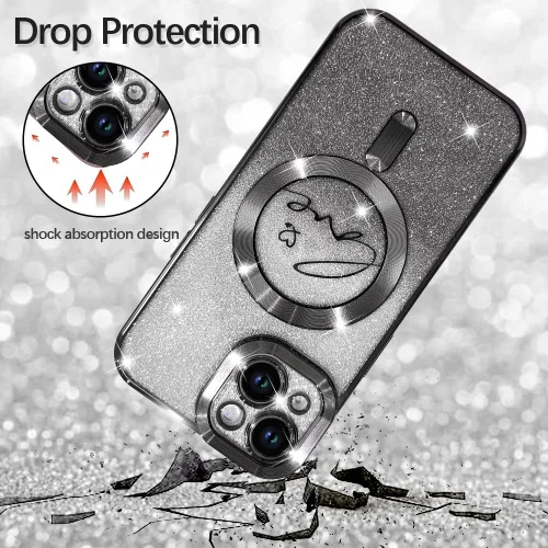 Vista 3 de ZIYE - Funda magnética diseñada para iPhone 13 con purpurina, color negro Luxury Plating Love Heart Compatible with MagSafe Camera Protection