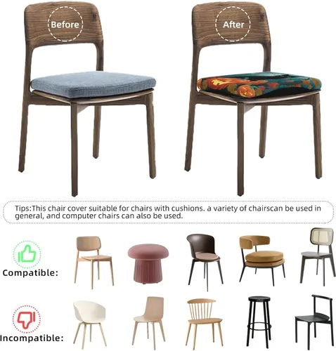 Vista 8 de Fundas de asiento cuadradas para silla de cocina con arces de gato negro de Halloween, 16.9 pulgadas, dos piezas, funda de cojín elástica ajustable