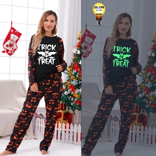 Vista 2 de FULA-bao Pijamas de Halloween a juego para la familia que brilla en la oscuridad con estampado de fantasmas de manga corta, pantalones y pijamas