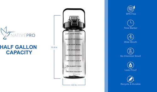 Vista 3 de NATIVEPRO Botella de agua de medio galón con funda de 64 oz (2 L). Botella de agua inspiradora con popote y tiempo para beber.