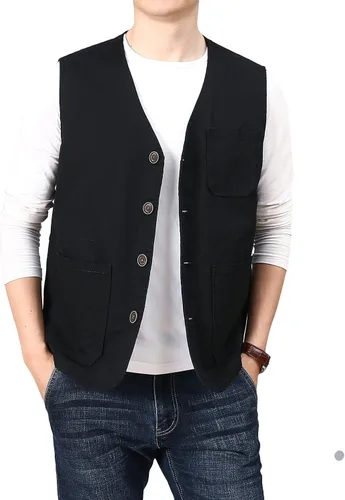 Vista 5 de PRIJOUHE Chaleco casual de algodón para hombre, ligero, transpirable, con múltiples bolsillos, para pesca, safari, viajes, para exteriores