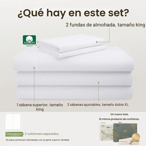 Vista 4 de California Design Den - Juego de sábanas de tamaño King dividido 100% algodón, 600 hilos, tejido satinado suave y transpirable, para cama ajustable