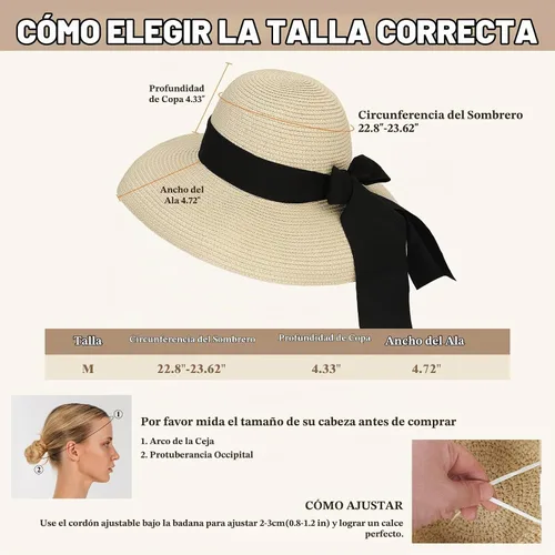 Vista 6 de Surblue Sombrero de paja de playa para mujer, sombrero de ala ancha con Beige
