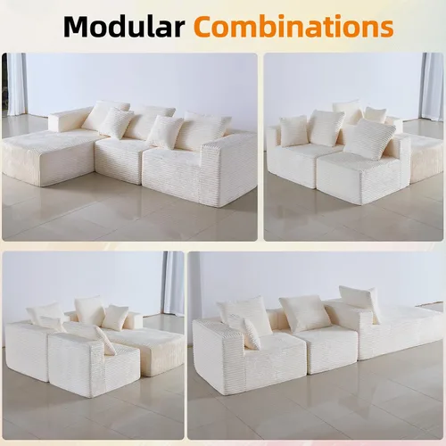 Vista 3 de Sofá modular de pana moderno con diván, tela acanalada negra, sofá de sala de estar en forma de L (beige, sillón orientado a la izquierda)